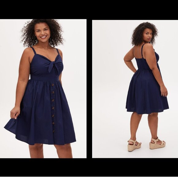 Torrid Navy Mini Poplin Tie-Front Skater Dress Sz 2X - Picture 1 of 17